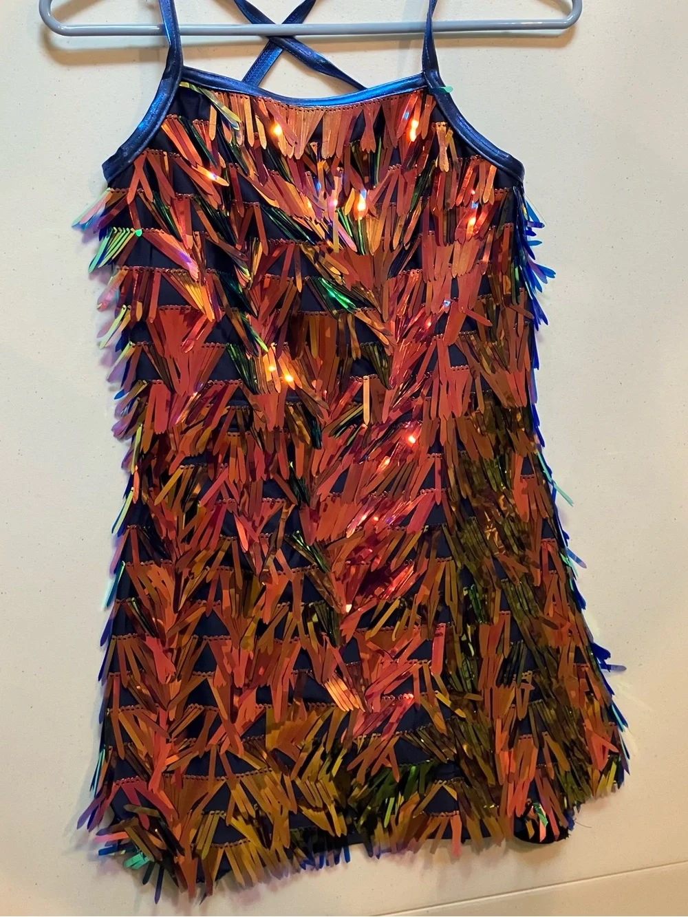 Weissman Iridescent Sequin Fringe Dance Costume Dress Blue Leotard AS